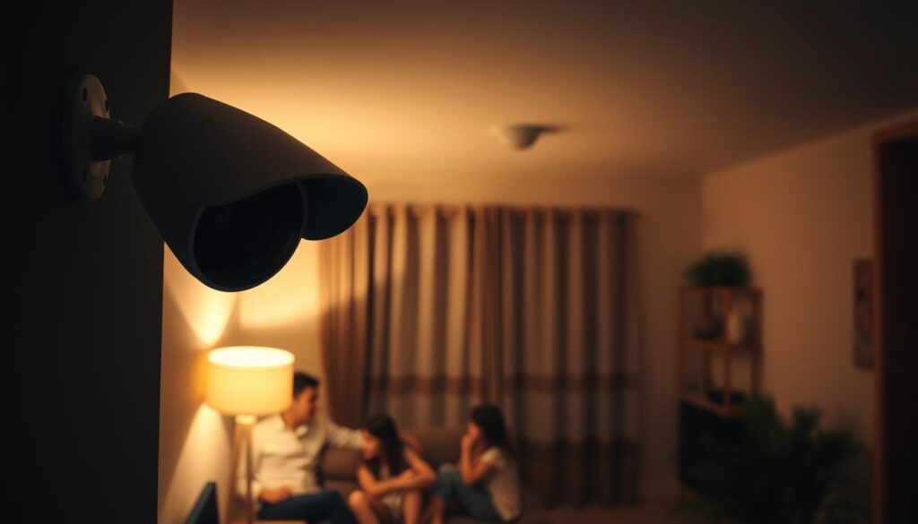 A dimly lit apartment interior, the importance of security cameras clearly evident. In the foreground, a sleek, modern security camera mounted on the wall, its lens meticulously capturing every detail. The middle ground showcases the living room, where a family gathers, unaware of the watchful eye above. The background is softly blurred, emphasizing the camera's focus and the sense of safety it provides. Warm, subtle lighting casts a reassuring glow, conveying the peace of mind that security cameras can bring to small living spaces. The composition and lighting work together to highlight the camera's role in safeguarding the home and its inhabitants.