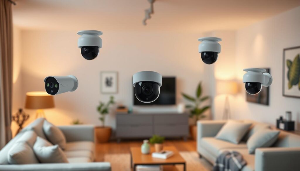 A modern, well-lit apartment interior with a series of budget-friendly security cameras strategically placed throughout the room. The cameras should be compact, discreet, and seamlessly integrated into the decor, highlighting their unobtrusive nature. The lighting should be a combination of natural daylight and soft, warm artificial illumination, creating a cozy and inviting atmosphere. The background should feature minimalist, contemporary furnishings and accents, emphasizing the practical and aesthetic advantages of these affordable home security solutions. The overall composition should convey a sense of safety, comfort, and cost-effectiveness, perfectly aligning with the article's subject and section title.