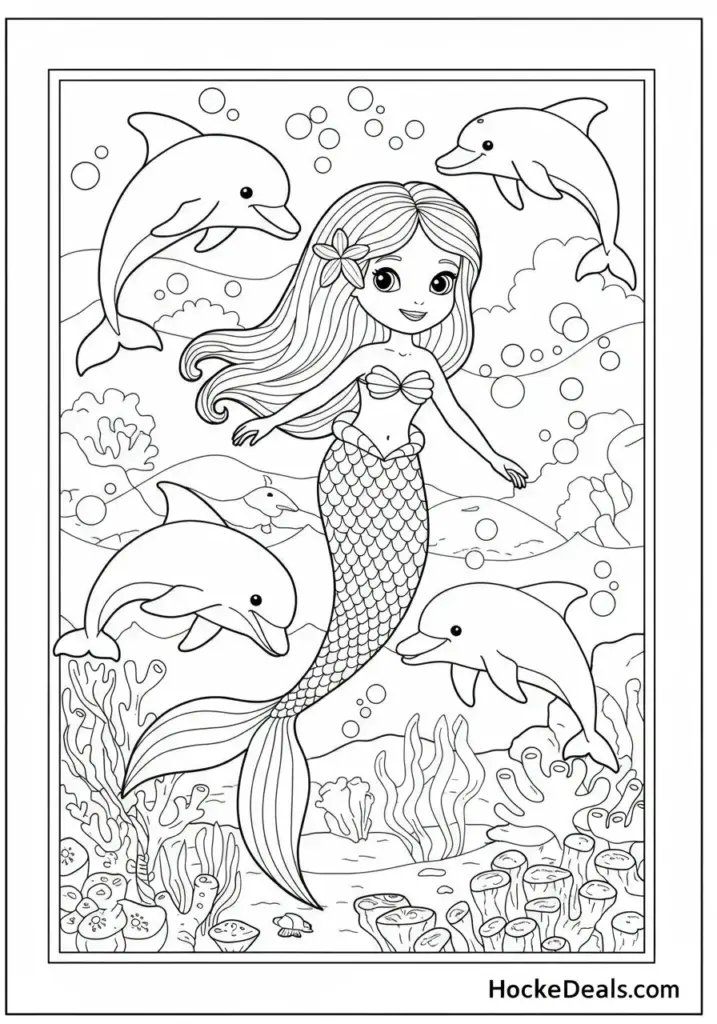 Cute mermaid swimming with dolphins