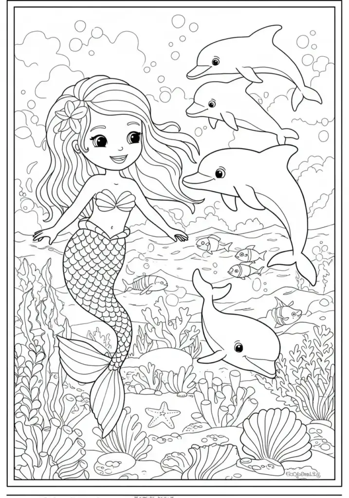 Cute mermaid swimming with dolphins