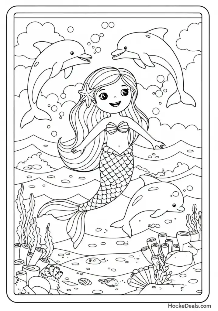 Cute mermaid swimming with dolphins