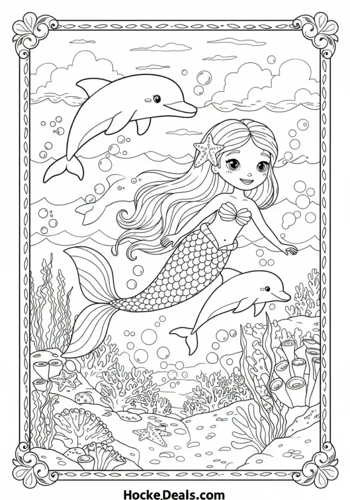 Cute mermaid swimming with dolphins
