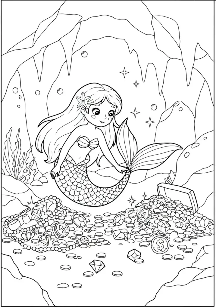 Mermaid exploring a treasure cave filled 