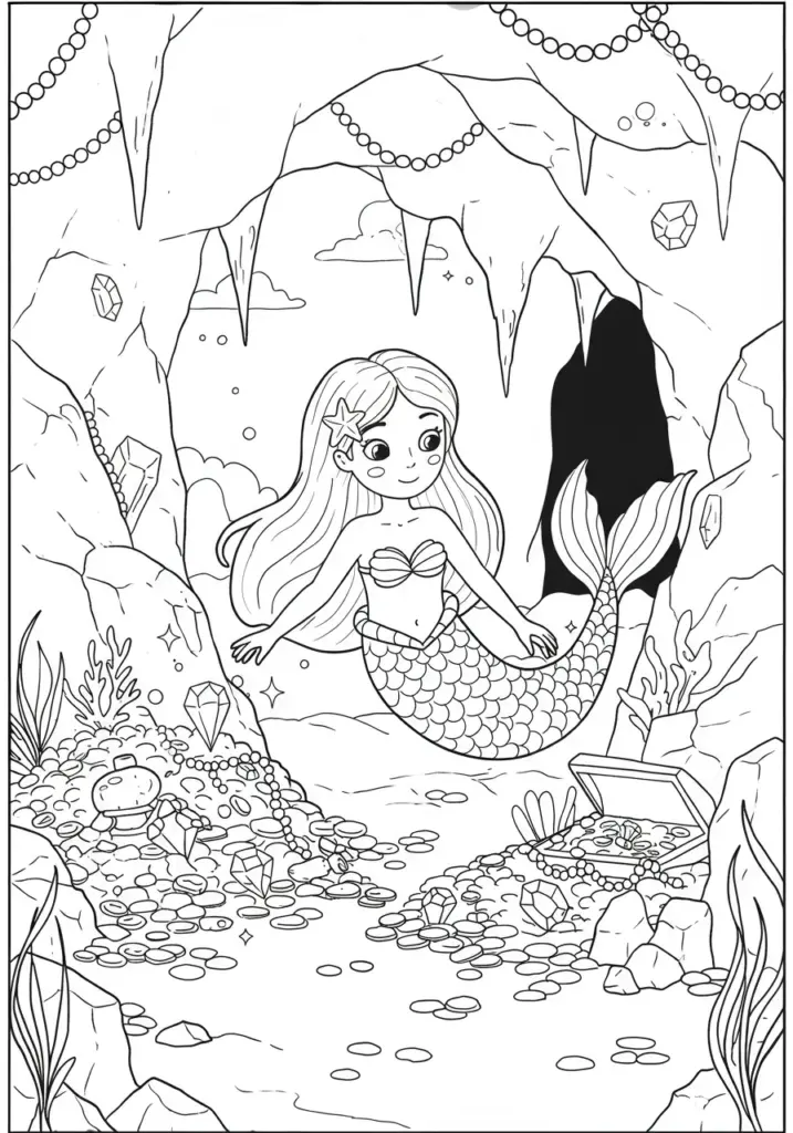 Mermaid exploring a treasure cave filled 
