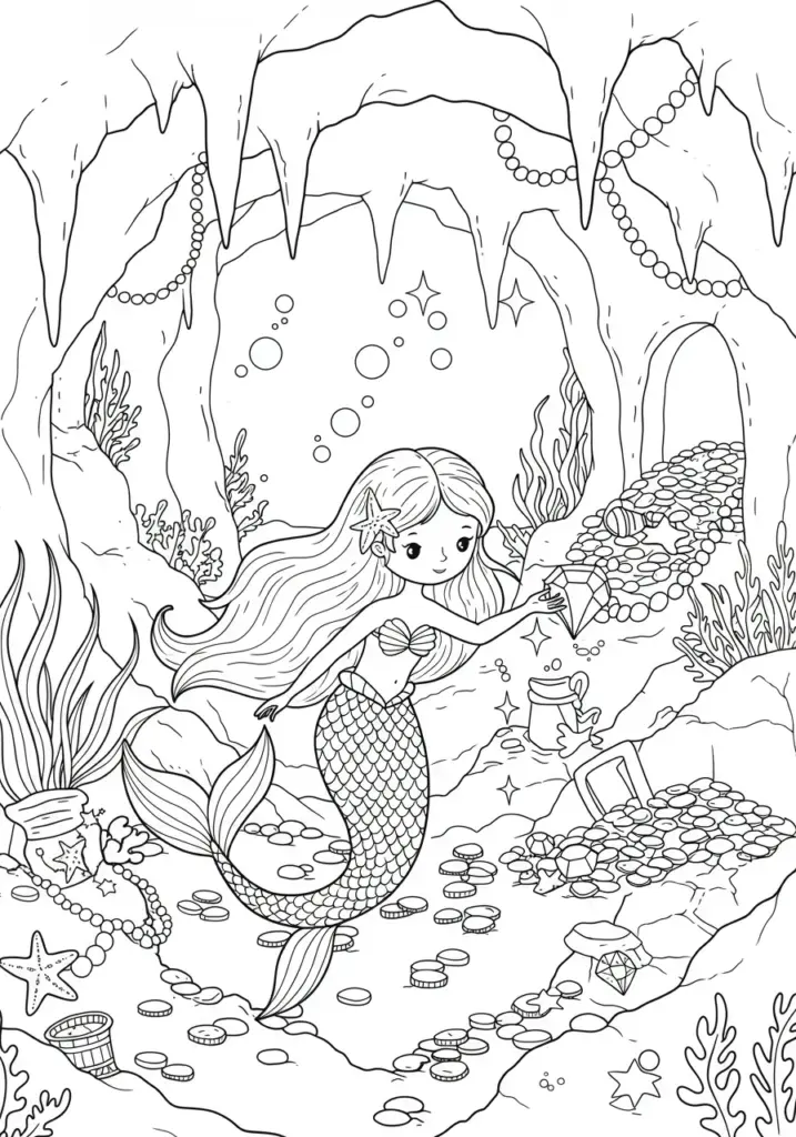Mermaid exploring a treasure cave filled 
