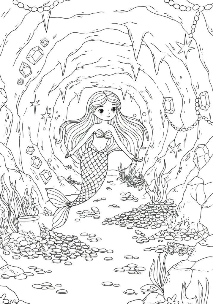 Mermaid exploring a treasure cave filled 