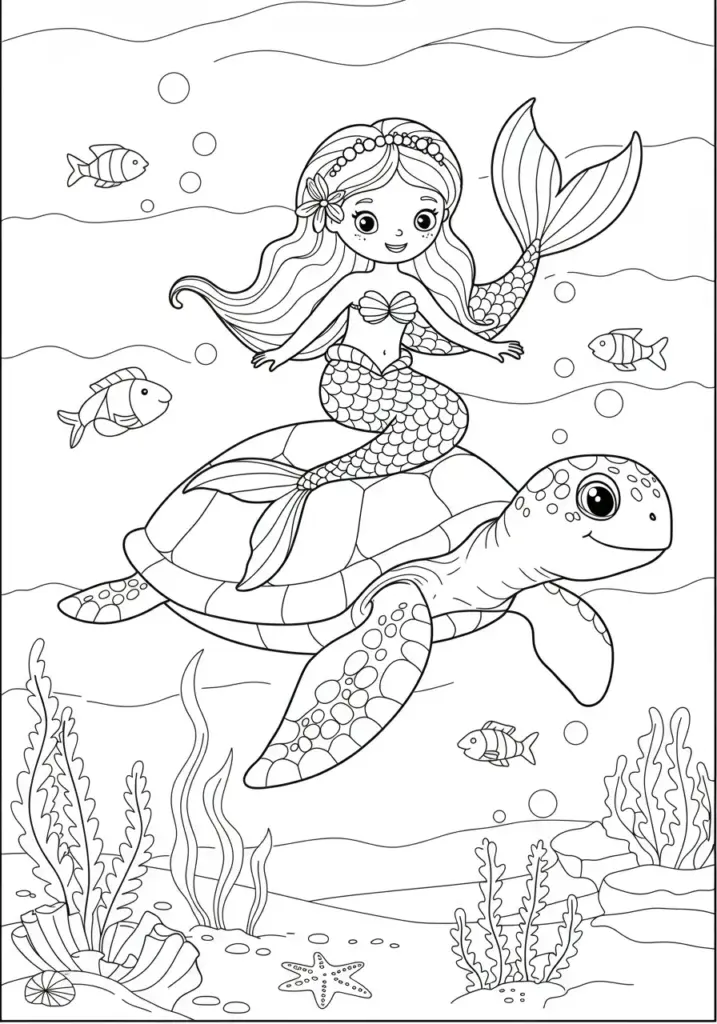 Mermaid riding a sea turtl