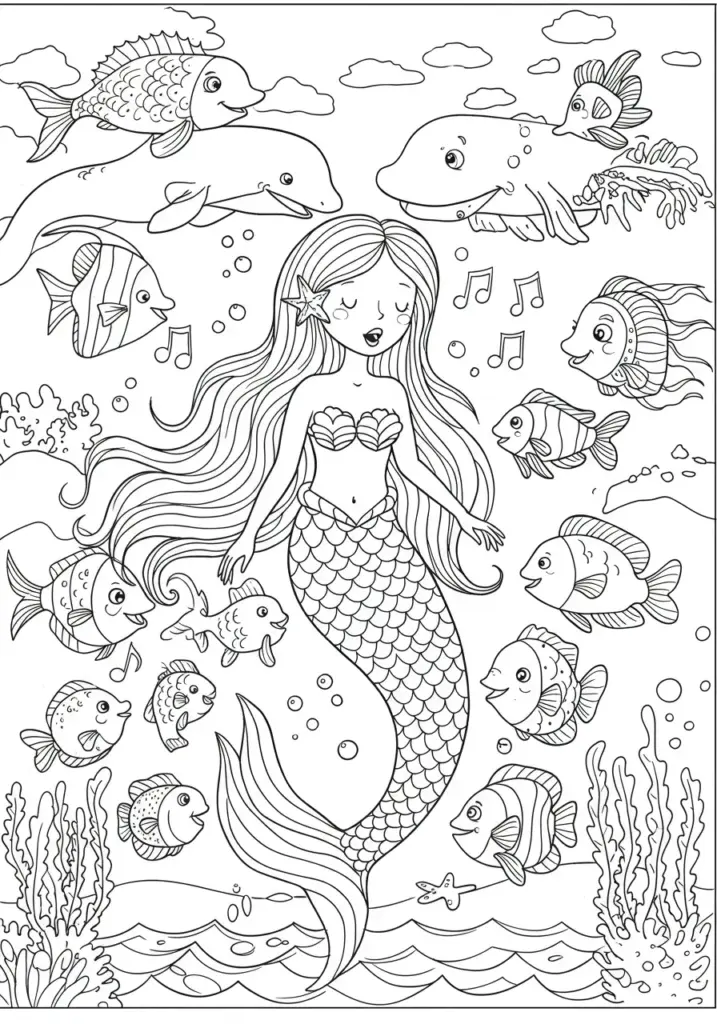 Mermaid singing, fish and sea creatures listening 1