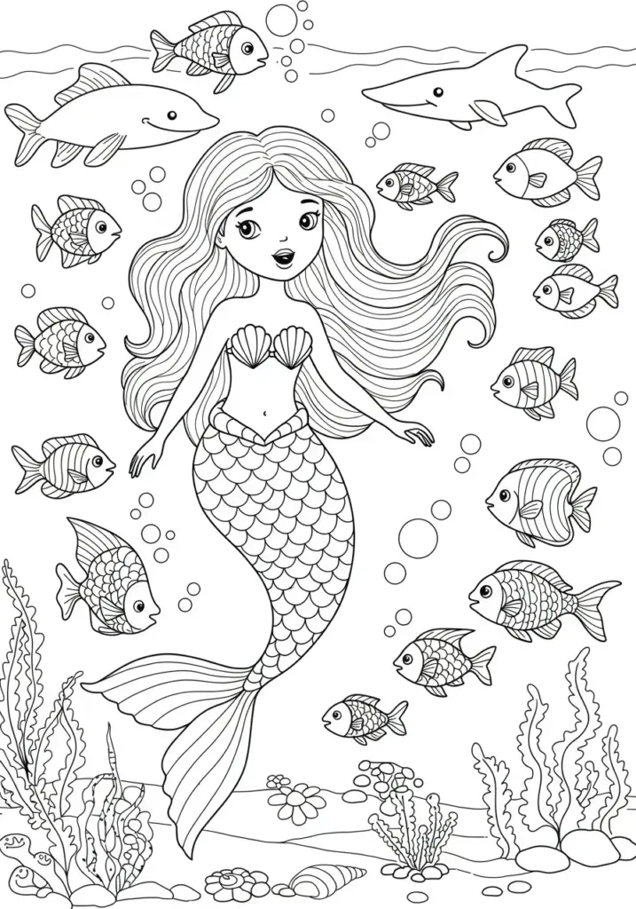 Mermaid singing, fish and sea creatures listening 3