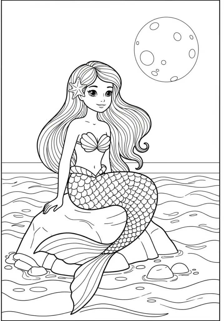 Mermaid sitting under the moonlight on a rock