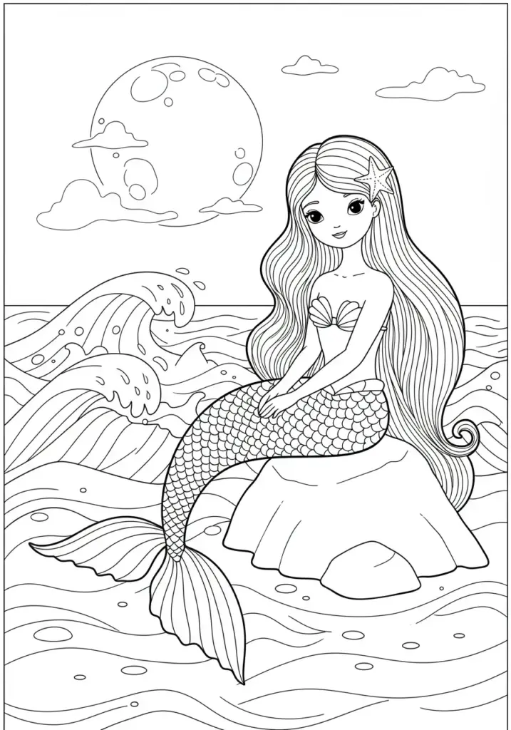 Mermaid sitting under the moonlight on a rock