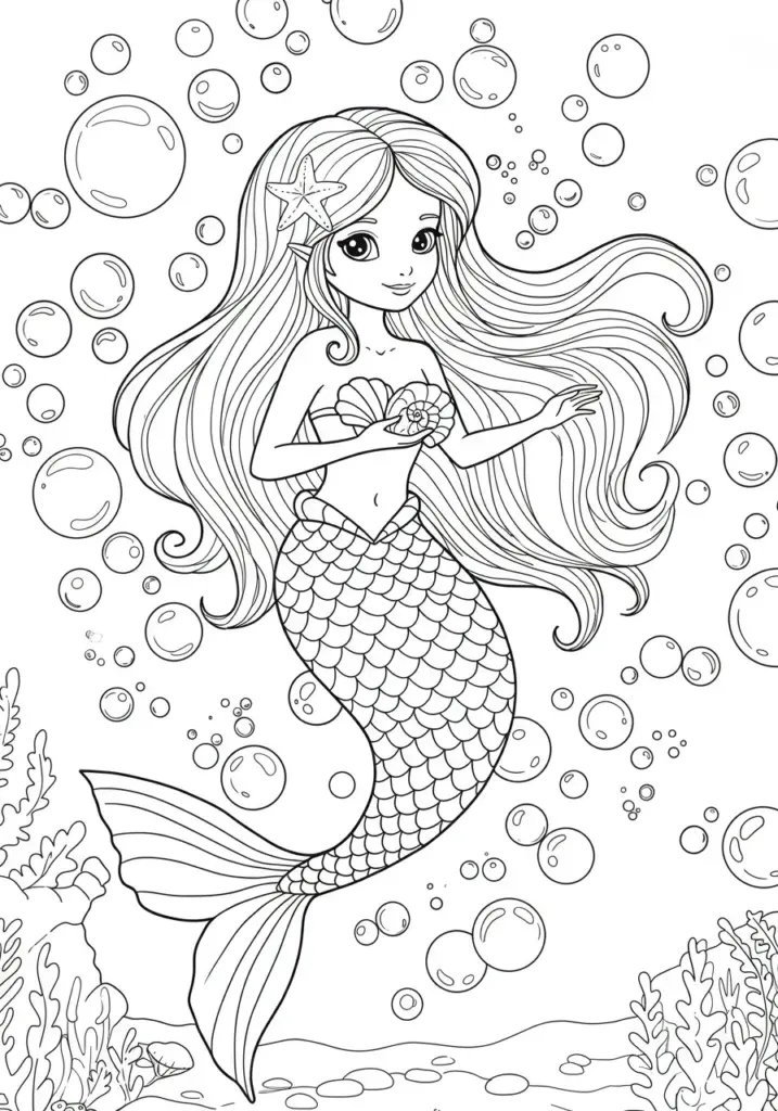 Mermaid with long flowing hair surrounded by bubbles 1
