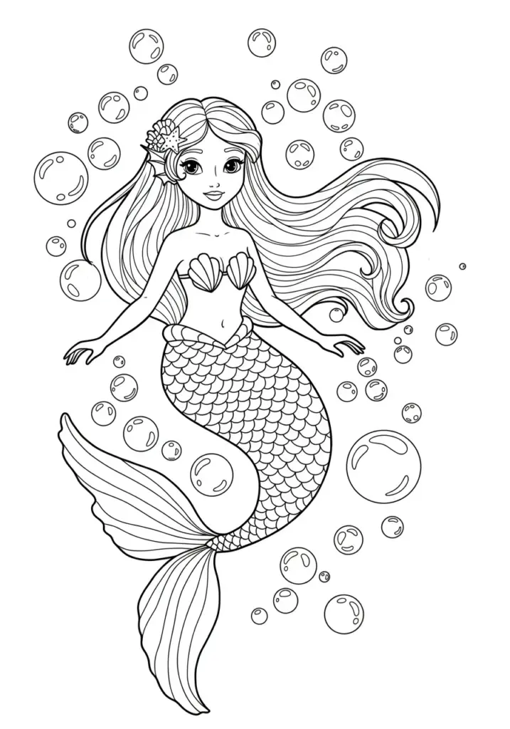 Mermaid with long flowing hair surrounded by bubbles 2