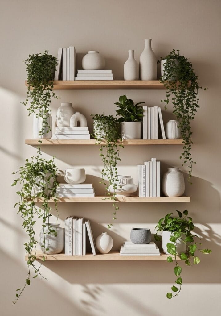 Styled floating shelves with plants